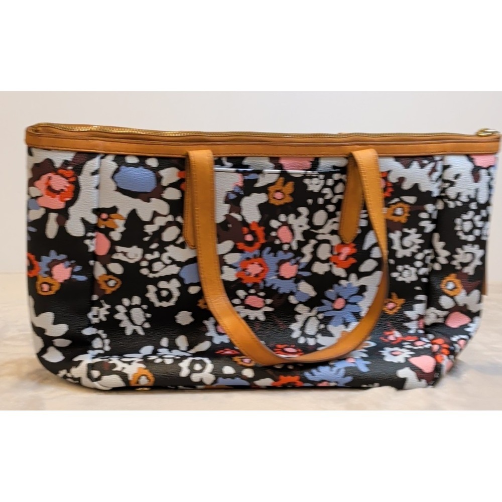 Fossil Large Tote Multicolor Floral‎ Coated Canvas Leather Handles Metal Feet